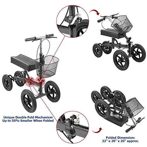 Clevr Quad All Terrain Foldable Medical Steerable Knee Walker Scooter, Black, Walking Aid Roller for Foot Injuries, Height Adjustable Crutch Alternative, Deluxe Brake System & Basket - Thumbnail 3
