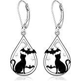 Black Cat Earrings for Women Halloween Gifts for Women Halloween Earrings Cat Bat Dangle Earring Sterling Silver Jewelry Leverback