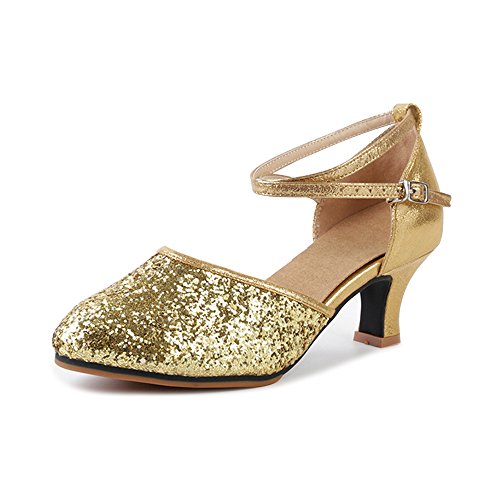 OCHENTA Damen elegante, jazzige, moderne, atemberaubende Glitzersandalen mit klassischer runder Spitze, 3,5 cm Absatzhöhe 38 EU Gummi Gold