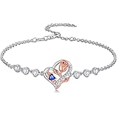 Wildari Mom Birthstone Charm Link Bracelet 925 Sterling Silver Rose Heart Mom Bracelet with 12 Months Birthstone Mother's Day Gift Jewelry Gifts for Women,Chain Length 7"+2" Extend