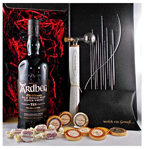 Geschenk Ardbeg Ten Islay Single Malt Whisky + Glaskugelportionierer + Edelschokolade + Whiskey Fudge