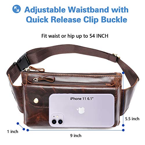 Fashionable Genuine Leather Fanny Pack Slim Waist Bag with Adjustable Belt Strap Brown
