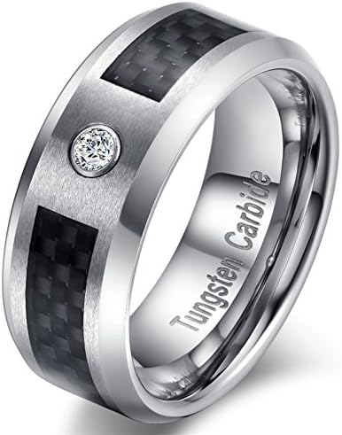 Tungsten Carbide Black Fiber Carbon Inlay Vintage Ziron CZ Wedding Engagement Jewelry Band Ring for Men 8mm Width Comfort Fit Size 10