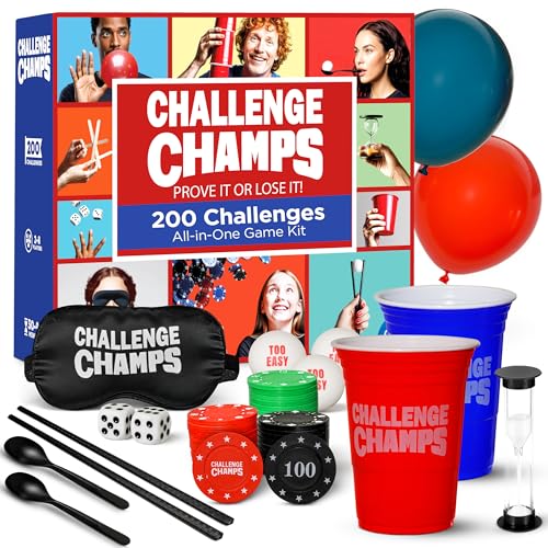 Challenge Champs Action Party Game – 200 Skill Challenges for Team Building, Family Game Night | Complete Set for Adults, Teens, Kids 8+ with 10+ Accessories | Competitive Group Activity