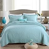 Moldiy Blue Embroideried Exquisite Floral Pattern Cotton Quilt Sets,Quilt and Pillow Shams,3 Pcs,Queen