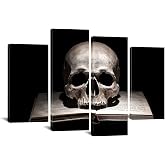 Gothic Skull And Old Book Wall Art Vintage Halloween Home Office Decor | Skeleton Canvas Print Artwork Moody Dark Vintage 4 Panel Antique Study Room Library Wall Decor for Book Lovers
