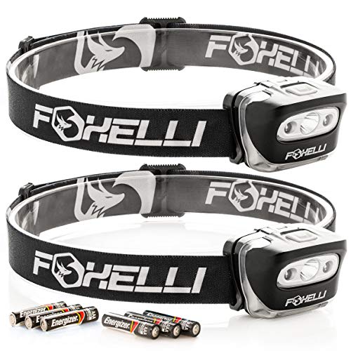 Foxelli Headlamp Flashlight (2-Pack) - 165 Lumen, 3 x AAA Batteries Operated (Included), Bright White Cree Led & Red Light, Perfect for Runners, Lightweight, Waterproof, Adjustable Headband