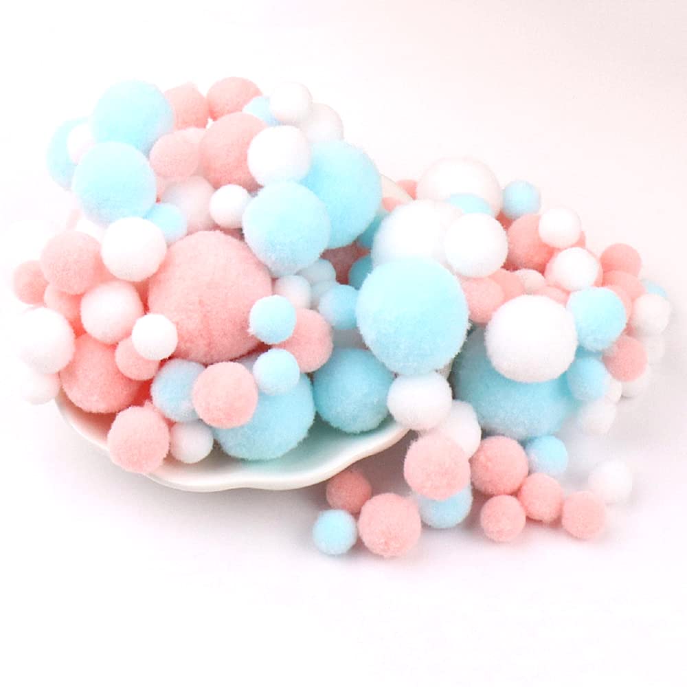 135 Colourful Pompoms for Crafts,10-30 mm Mini Pompoms Balls Small Pompoms Balls Fluffy Colourful Pom Pom Decoration Pompom Plush Balls Craft Accessories for Sewing Decoration DIY Crafts Blue Pink
