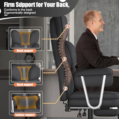 Big and Tall Office Chair,Leather Executive Office Desk Chair with Lumbar Support,400bls Comfy Ergonomic High-Back Reclining Computer Chairs,Swivel Rolling Wheels and Retractable Footrest