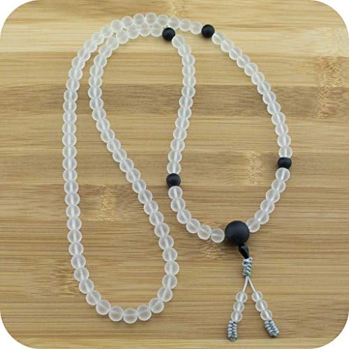 Mala Beads Necklace with Matte Crystal Quartz &amp; Black Sardonyx Agate - Premium Spiritual Japa Yoga Jewelry for Meditation &amp; Buddhist Prayer Mantra Counting - Meditative Wisdom