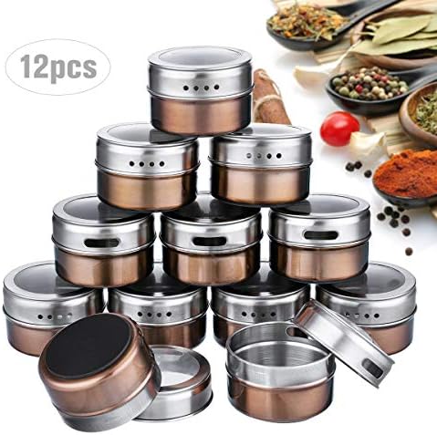 12 Pcs Spice Jar Stainless Steel Magnetic Spice Tins Set Spice Organizer Condiment Container, Clear Top Lid & Sift-Pour,With Spice Labels
