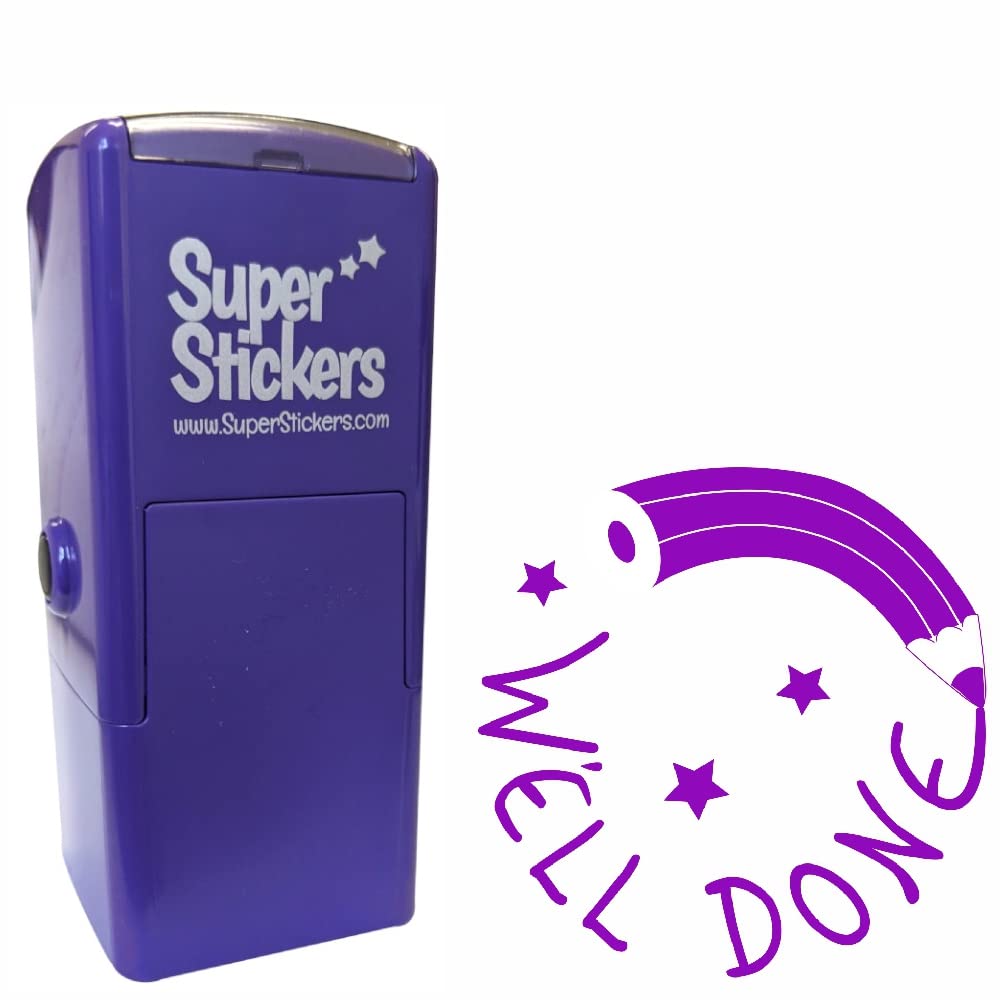Teacher Stamp, Education Marking Stamp, Reward Stamps for School - Well Done Pencil Design, Impression Size Approx. 23x23 mm, Violet Ink
