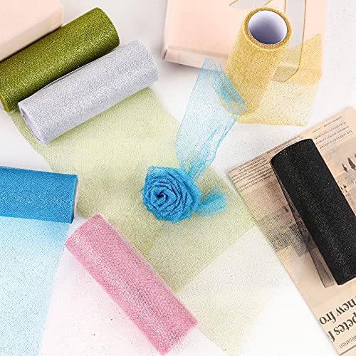 VGOODALL Rainbow Glitter Tulle Rolls, 6 Rolls Shimmer Color Assortment Ribbon for Table Runner, Baby Shower Sash Bow Tutu Skirt Sewing Crafting Fabric Wedding Unicorn Christmas Party Gift Ribbon