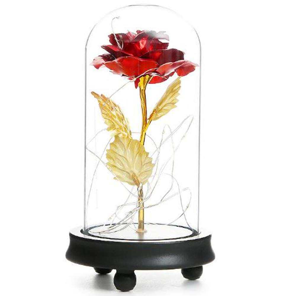 Valentine's Day Rose Flower Light Gold Leaf Glass Lampshade Led Warm Light With Handmade Artificial Suitable For Wedding Decoratio Get Together DIY Gifts For Couples' Anniversary (Red)