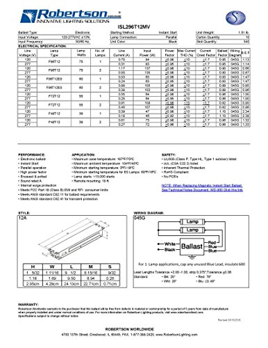 Robertson 2P20158 ISL296T12MV Pak of 10 Fluorescent eBallasts for 2 F96T12 Lamps, Instant Start, 120-277Vac, 50-60Hz, NBF, HPF, (for HO lamp Applications The Recommended Ballast is The PSB296T12HOMV) - Thumbnail 5