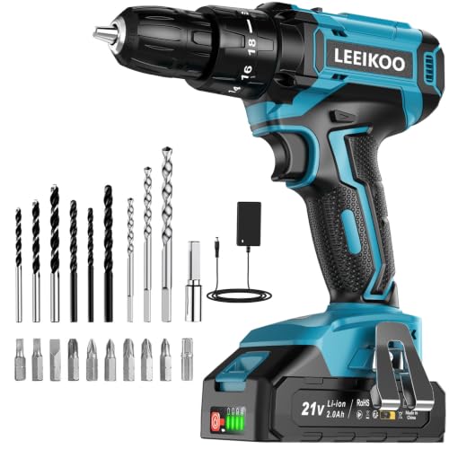 Trapano Avvitatore Batteria 21V, LEEIKOO Avvitatore Elettrico con Batteria da 2.0Ah, 42N.m di Coppia, 2 Velocità, 18+1 Coppia, 20 Accessori, Luce a LED, Per il fai da te, in Casa e Giardino