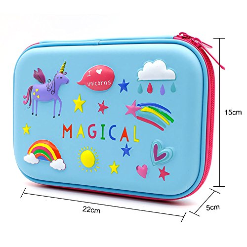 3D Rainbow Unicorn Embossed Hardtop Pencil Case - School Girls Large Colored Pen Holder Box With Compartments - Kids Cute Cosmetic Pouch Bag Stationery Organizer(Light Blue)