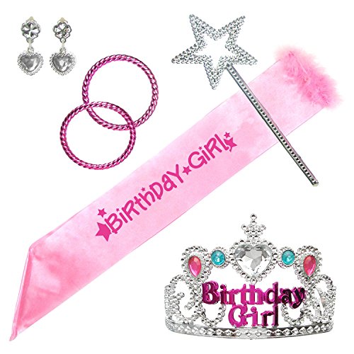 Kids Warehouse Little Girl Birthday Party Dress Up Accessories Set - Tiara, Wand, Earrings, Sash - Little Princess (Birthday Girl)