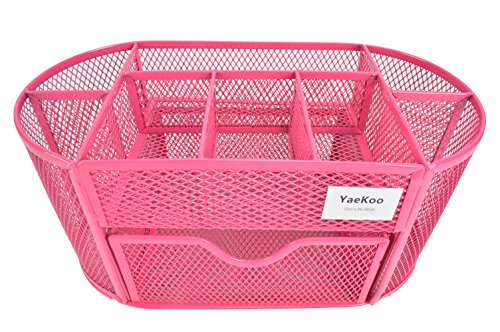 YaeKoo Desk Organizer | Caddy, Features Elegant Red Mesh Wire Design, 9 Space Saving Writing Supplies Compartments With a Large Drawer - Perfect For Gifts, Kids, Students, and Office Stationary (Red)