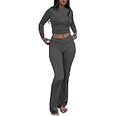 AYWA Women's 2 Piece Outfits Foldover Flare Pants Long Sleeve Crew Neck T-shirt Fitted Pajama Sets