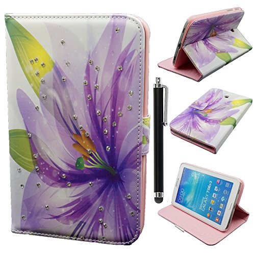 Galaxy Tab 3 Case, Samsung Tab 3 cover Qbily Fashion Colorful Bling Diamond Design [Kickstand] Flip Leather Magnetic Case for for Tablet Samsung Galaxy Tab 3 7.0" (P3200) Lily Flower