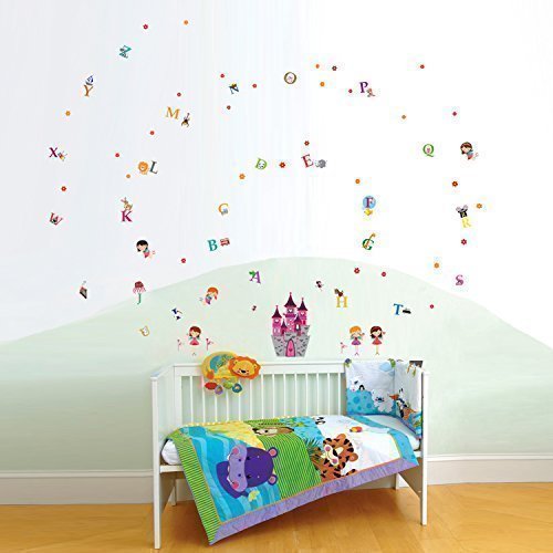 COM-Angel Castle WS3022 + Alphabet WS3012 Walplus Wallstickers Kid Angel Princess Castle Alphabet Girls Wall Sticker Children Decal Mural Paper, Mixed Colour