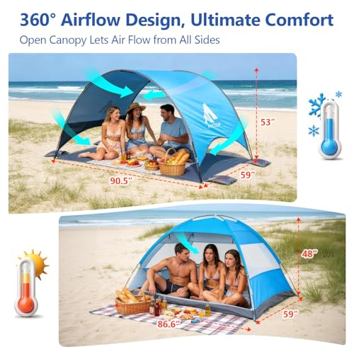 Beach Shelter with UV Protection UPF 50+ - Portable Beach Canopy & Sun Protection for Beach, 360° Ventilation, 4 Sandbags, Double Pockets, Pegs & Ropes (270 x 165 x 158 cm)