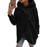 Women's hooded asymmetrical fleece-lined sweatshirt, casual long-sleeved, loose fit, plus size, solid color.