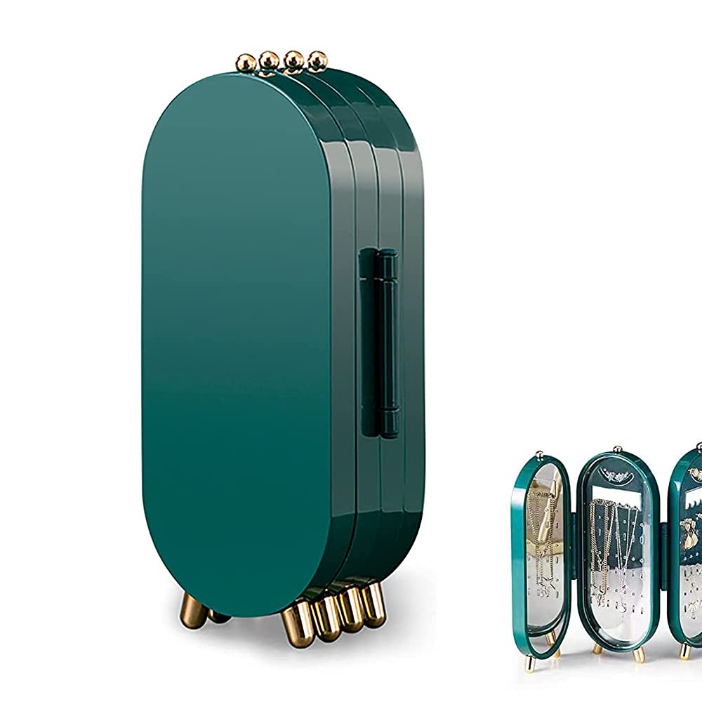 Foldable Jewelery Stand, Jewelery Display Stand, Earring Jewellery Holder, 4 Tier Display, 151 Hanging Holes, 21 Necklace Grooves, with Mirror, for Earrings, Ear Studs, Thin Necklace (Dark Green)