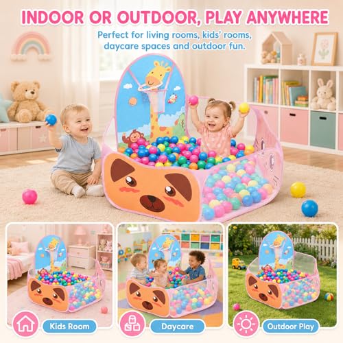 Ball Pool Baby Tent Children's Tent Foldable Cartoon Design for Children with Basketball Hoop, Pink Balls Playpen Baby (Balls Not Included)