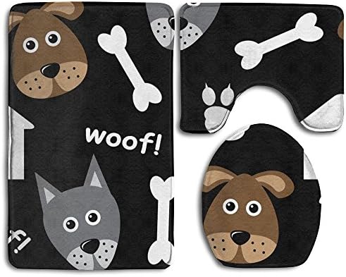 Usieis Dogs House Bones Woof Non-Slip Toilet Rug Sets 3 Pcs Bathroom Mats Rug Lid Toilet Cover