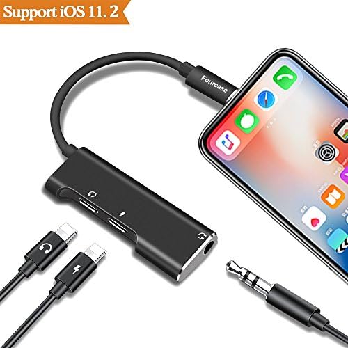 iPhone 7/8 Adapter, iPhone X Adapter, Fourcase 3.5mm+ Dual Lightning Connect to iPhone X/8/8 Plus/X/7/7 Plus Audio Jack and Charger Adapter (Black)