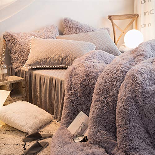MooWoo 4PCS Shaggy Bedding Sets, 1 Velvet Flannel Duvet Cover + 1 Quilted Ruffle Bed Sheet Skirt + 2 Pompoms Fringe Pillow Sham, Zipper Closure Velvet Bedding Sets (Gray, Full)