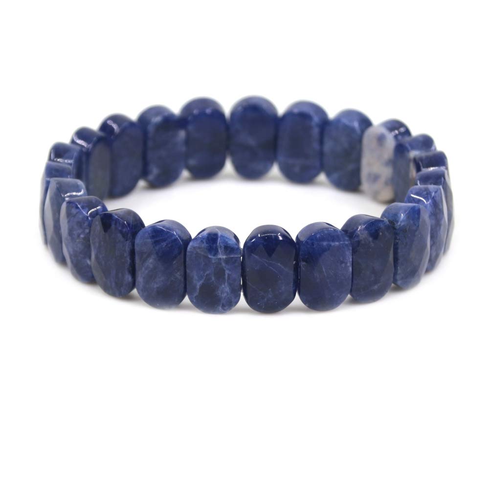 CHENYUE Natural Blue Sodalite Gemstone 14mm Faceted Oval Beads Stretch Bracelet 7.5 Inch Unisex