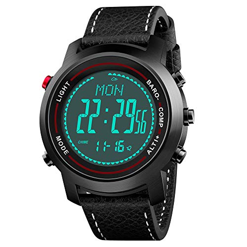 Men Digital Sports Watches with Compass Pedometer Altimeter Barometer Military Waterproof Wristwatch with Leather Band