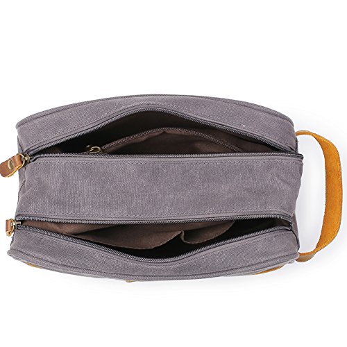 Kemy's Mens Toiletry Bag leather Canvas Toiletries Travel Bag Waxed Grooming Shaving Bags for Men Dopp Dob Dobb Kits Toilet Hygiene Bathroom Bag Double Compartment for Traveling Waterproof Gifts Gray