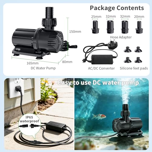 POPOSOAP 4600 L/h DC Pond Pump, Safe 24V Low Voltage Quiet Water Feature Pump with AC/DC Converter, 4 Hose Adapters for Garden Ponds, Aquariums, Fountains, Water Features