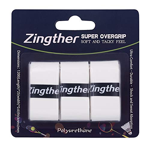Zingther Premium Super Tacky Professional Tennis Grip Overgrip Tape for Tennis Racket, Racquetball Racquet, Badminton Raquet, Squash Racket (3 Grips, White)