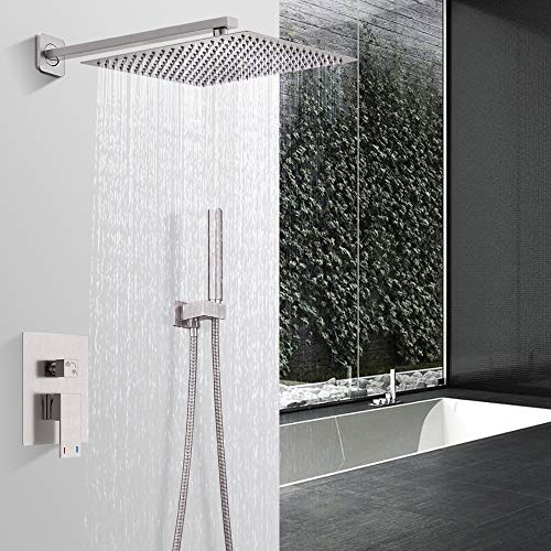 Hoimpro Shower System set with 12 Inch Bathroom Rain Mixer Shower Head and Handheld Wall Mounted, Rainfall Shower Faucet Fixture Combo with High Pressure 2 in 1 Handheld Showerhead , Brushed Nickel