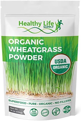 Healthy Life Supply Organic Wheatgrass Powder - USDA Organic - Raw Non GMO - Antioxidant Rich Nutrient Dense Superfood - Greens Juice and Smoothie Mix (16 oz)