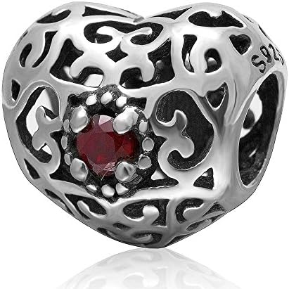 Charmstar January Signature Heart Charm with Garnet Red CZ Stones Authentic Sterling Silver Openwork Love Bead for European Bracelet