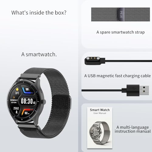 Smartwatch PEJE ZW02 com Pulseira Extra, Tela HD Touch 1.28", Chamadas Bluetooth, IP68, 123+ Modos Esportivos, Bateria 5-7 Dias, Compatível com Android e iOS, Preto com Fecho Magnético
