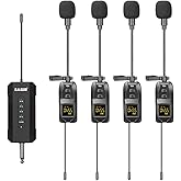ealsem ES-384 4-CH UHF Wireless Lapel Microphone System - 164ft Range, Rechargeable Receiver, Plug-and-Play for Presentations - 4 Lapel Mics Included