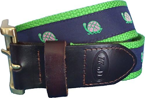 No27 Mens Turtle Leather Belt, Leather Tab and Buckle, Pink Turtle on Navy Ribbon Nautical Leather Belt