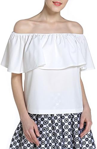 BLDO Women's Ruffles Off Shoulder Solid Chiffon Blouse Crop Top (S, White)