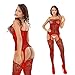 LOVELYBOBO 2-Pack Womens Fishnet Lingerie Striped Crotchless Plus Size Bodysuits Suspenders Bodystockings(Black/Red)