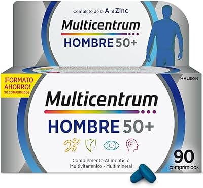 Hombre 50+ Complemento Alimenticio Multivitaminico y Multimineral Para Hombres 50+, Con Magnesio y Vitamina C, Sin Gluten, 90 Comprimidos