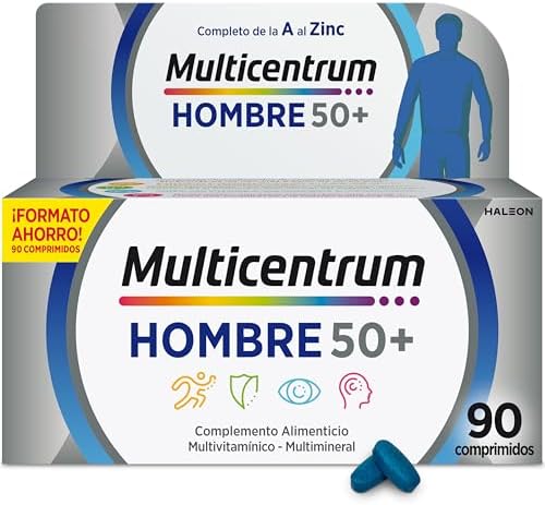 Hombre 50+ Complemento Alimenticio Multivitaminico y Multimineral Para Hombres 50+, Con Magnesio y Vitamina C, Sin Gluten, 90 Comprimidos