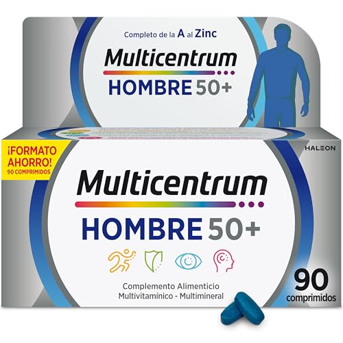 Hombre 50+ Complemento Alimenticio Multivitaminico y Multimineral Para Hombres 50+, Con Magnesio y Vitamina C, Sin Gluten, 90 Comprimidos