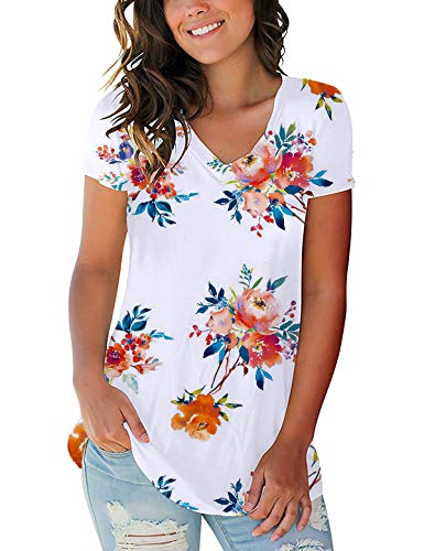 Women's T Shirts Short Sleeve V-Neck Loose Casual Basic Tee Tops Summer T-Shirt (Floral-White SYH, Medium)